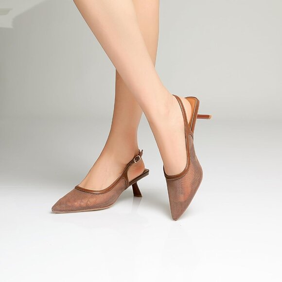 Mostrin Kitten Heel Brown Mesh Low Slingback Heels with Buckle Dress Shoes - Picture 4 of 9